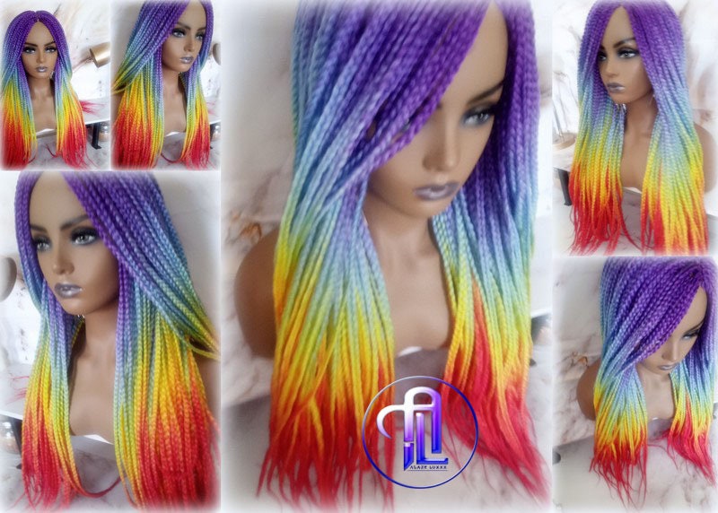 Rainbow Mermaid Purple Blue Yellow Orange  Wig Box Braids braided Synthetic hair Lace Part Wig Pride Ready to Ship LGBT Pride