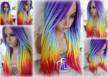 Rainbow Mermaid Purple Blue Yellow Orange  Wig Box Braids braided Synthetic hair Lace Part Wig Pride Ready to Ship LGBT Pride