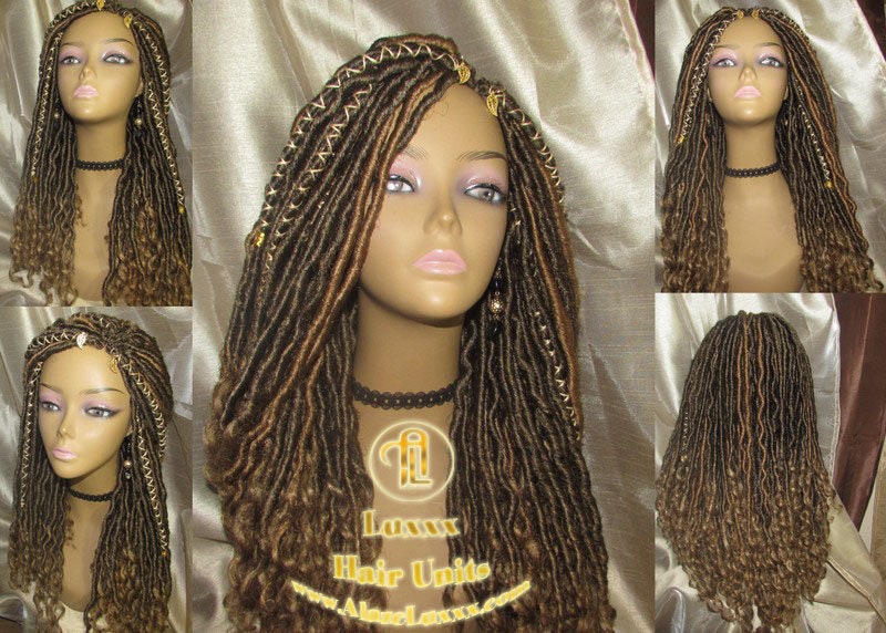 Brown Blonde Goddess Faux Loc Wig Wavy Blonde Tips Ends 27  Hair Gypsy Bohemian Boho Gypsy Distressed Dread DE SE Dred Lock Braided Wigs