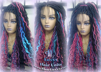 Blue Pink Purple Teal Ombre Goddess Faux Locs Lace Closure w Baby Hairs Faux Loc Wig 4x4 Wig Mermaid long rainbow boho bohemian braids wig