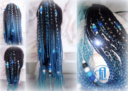 Black Blue Ombre Braids Extension on Hairband Hair Tie Synthetic Dreads Ponytail Boho Hair Falls RenaissanceAccents Feathers synthetic