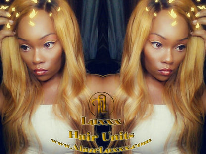 Balayage Blonde 16 In' Dark Roots Honey Straight Long 27/613 Color Melt Virgin Hair Unit 4x4 Lace Front Wigs Kim Khloe Kardashian Wig Look