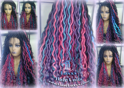 Blue Pink Purple Teal Ombre Goddess Faux Locs Lace Closure w Baby Hairs Faux Loc Wig 4x4 Wig Mermaid long rainbow boho bohemian braids wig