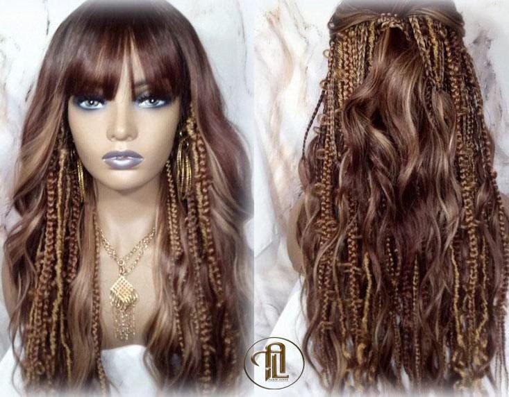 Full Wig Dread Braid Bangs Twist Soft Crochet Boho Synthetic Dread Braid Bohemian Dark Root Ombre Brown Blonde Long Wavy Curly Balayage Wig