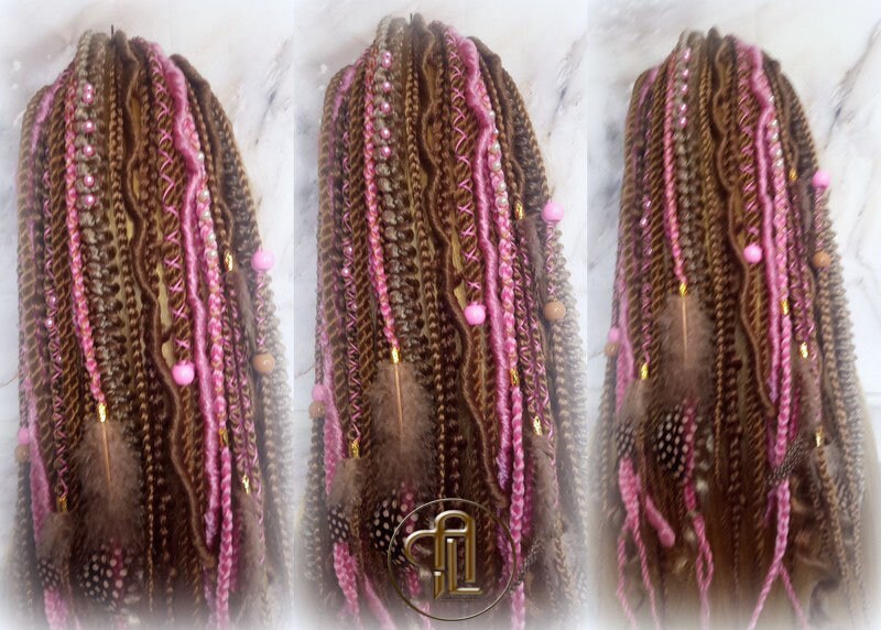 Ponytail Hair Fall Extensions Honey Blonde Pink Ombre Elements Accents Feathers synthetic box braids hair scrunchie clip in Clip on Braids