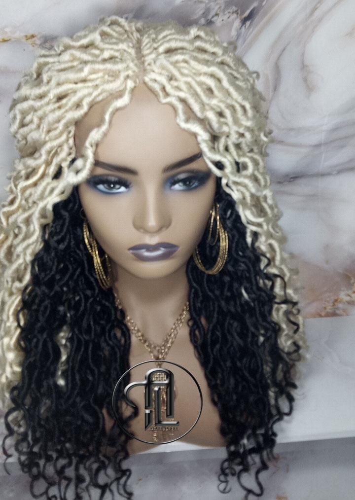 Blonde 613  Black 2 Tone Goddess Faux Locs 14in Short Braid Wig Platinum White Blonde River Locs Wig Gypsy Bohemian Boho Simple Lace Part