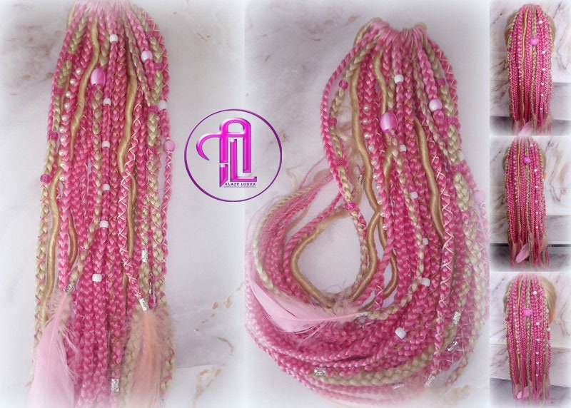 Ponytail Hair Fall Extensions Blonde Pink Ombre Elements Accents Feathers synthetic box braids hair scrunchie clip in Clip on Braids