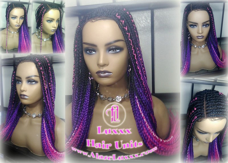 Cornrow Black Purple Pink Ombre Lemonade Braid Wig Lace Closure Baby Hair Box Braids Mermaid Unicorn Rainbow Hair