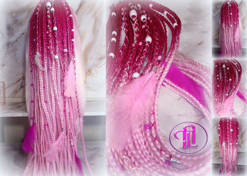 Ponytail Hair Fall Extensions Dark Pink Light Pink Ombre Elements Accents Feathers synthetic box braids hair scrunchie clip in Clip on Braid