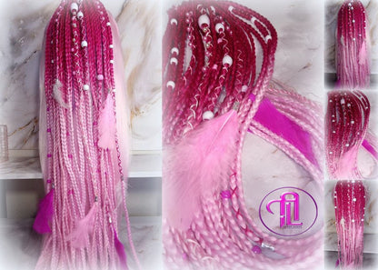 Ponytail Hair Fall Extensions Dark Pink Light Pink Ombre Elements Accents Feathers synthetic box braids hair scrunchie clip in Clip on Braid