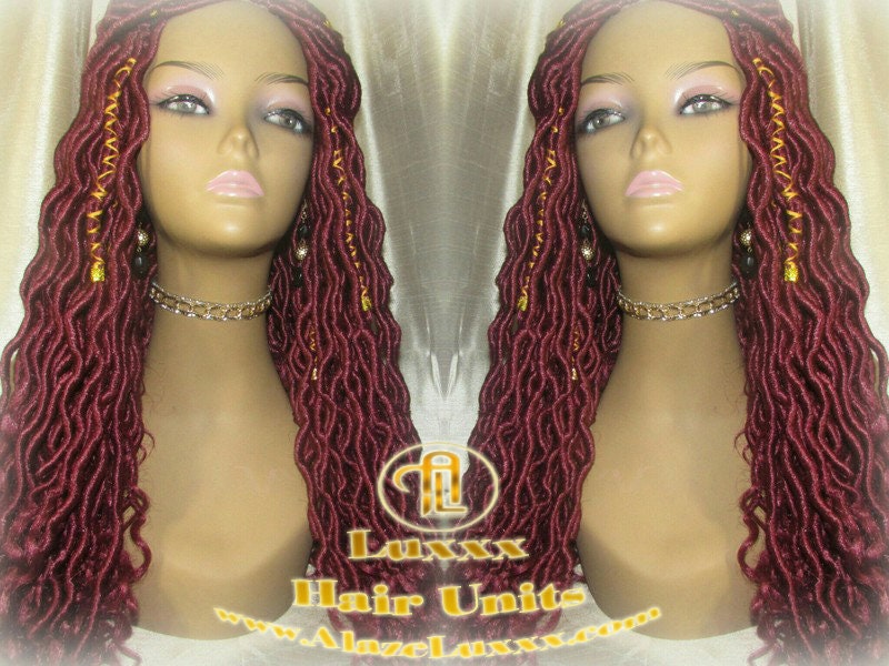 Braided Wig Rich Red Burgundy Gold Goddess Faux Loc Alopecia Hair Thinning Cancer Wigs Protective Box Braid Kinky Twist Crochet Braided Wig