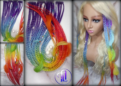 Rainbow Ombre Clip in Braid Long 24 in Boho Feathers Elements Extensions Rainbow Ombre Pink Box braiding Rave Festival LGBTQ Pride