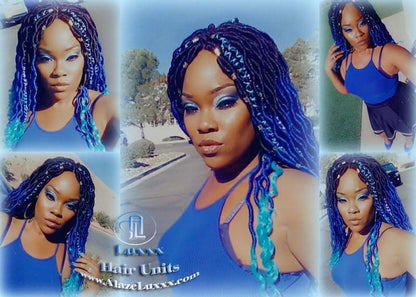 Goddess Faux Locs Blue Ombre curly long wig synthetic dreads crochet braids Mermaid Hair Blue Braid Wig Hair
