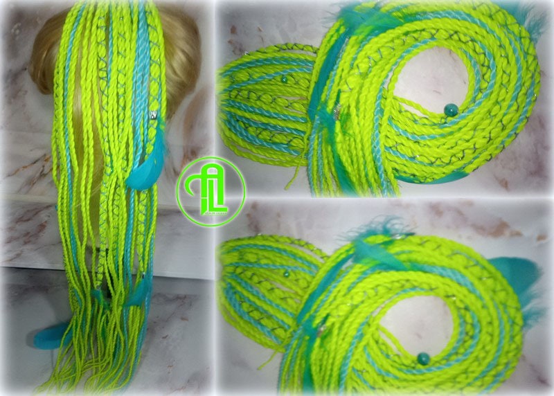 Ponytail Hair Fall Extensions Neon Green Slime Blue Elements Accents Feathers synthetic senegalese twist braids hair scrunchie clip in