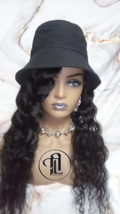 Bucket Hat Deep Wave Human Hair Black Wavy Hair Alopecia Chemo Hair Thinning Fisherman Hat Long Human Hair protective style Easy to wear