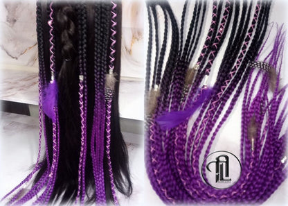 Black Purple Ombre Clip in Braid Long 24 in Boho Extensions Ombre Purple Box braiding hair Rave Festival Feathers Elements