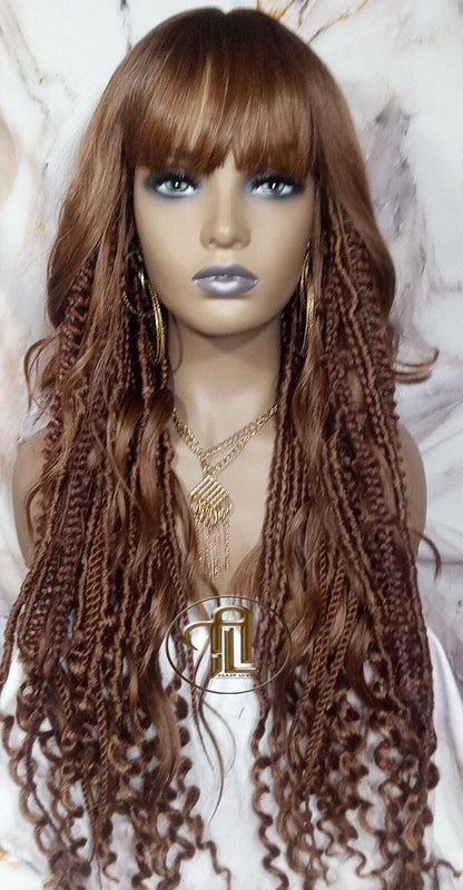 Full Wig Dread Braid Bangs Twist Soft Crochet Boho Synthetic Dread Braid Bohemian Dark Root Ombre Brown  Long Wavy Curly Textured Dreads