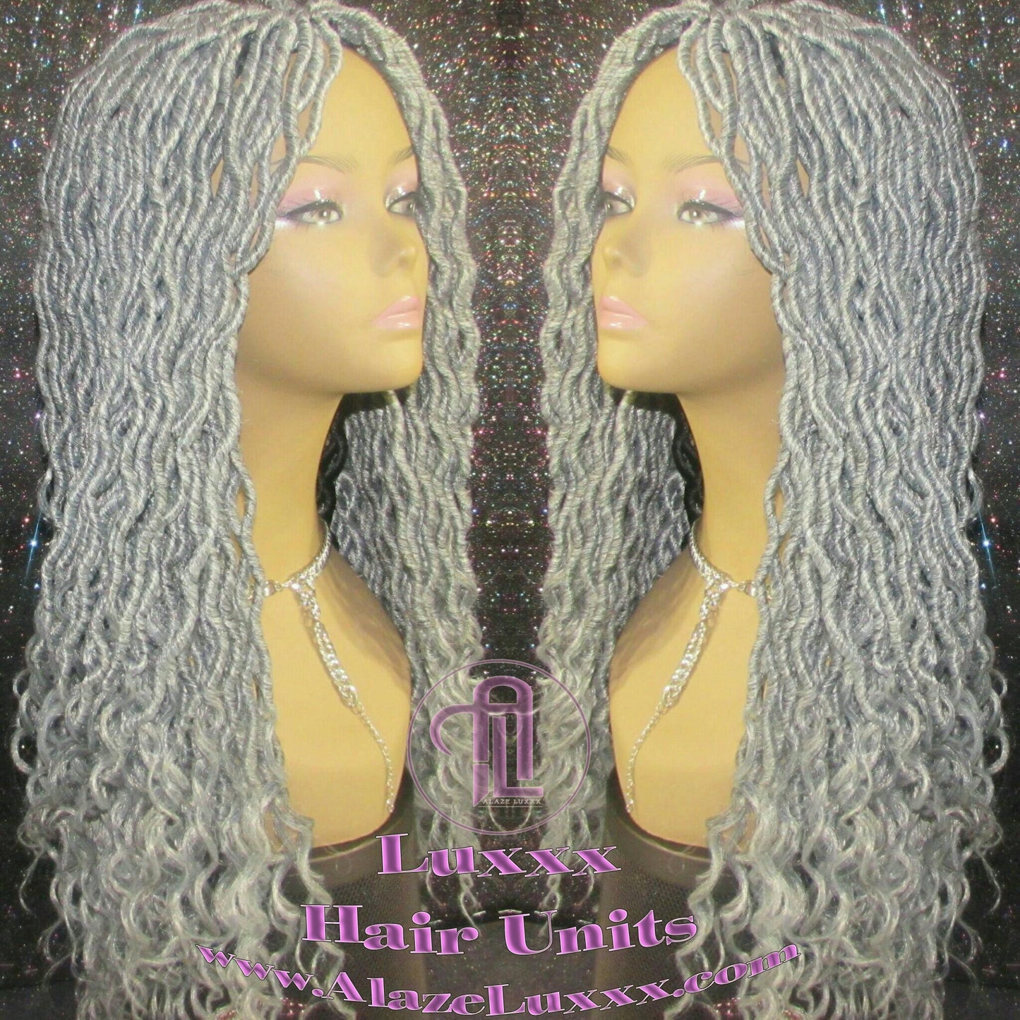 Storm Silver Grey Gray 44 51 Platinum Storm Gypsy Bohemian Boho Goddess Faux Dread Locs Wig Unit Wavy Dred  Ready to ship