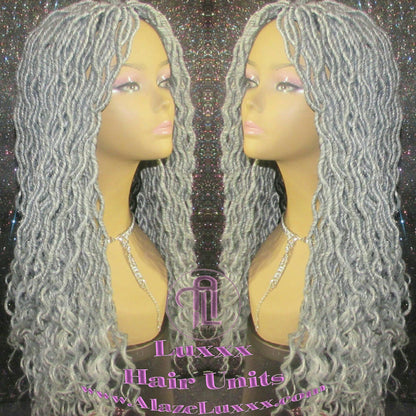 Storm Silver Grey Gray 44 51 Platinum Storm Gypsy Bohemian Boho Goddess Faux Dread Locs Wig Unit Wavy Dred  Ready to ship