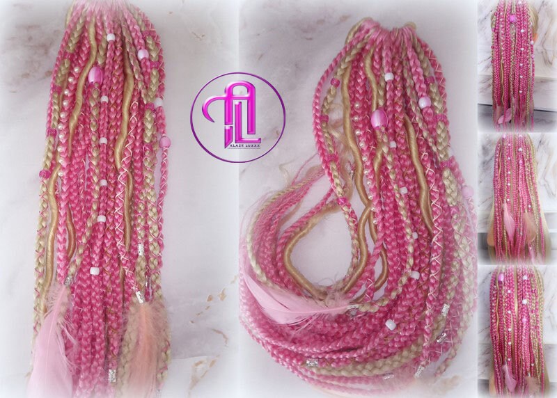 Ponytail Hair Fall Extensions Blonde Pink Ombre Elements Accents Feathers synthetic box braids hair scrunchie clip in Clip on Braids