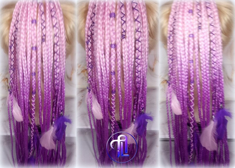 Ponytail Hair Fall Extensions Pink Ombre Purple Elements Accents Feathers synthetic box braids hair scrunchie clip in Clip on Braids