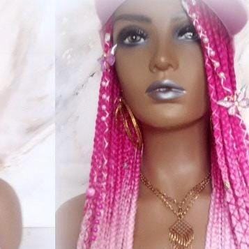 Hot Pink Light Pink Ombre Box Braid Hat Wig  Gym Hat Baseball Cap Braided Hair Hat Wig Cap Chemo Hat Alopecia Breast Cancer Awareness
