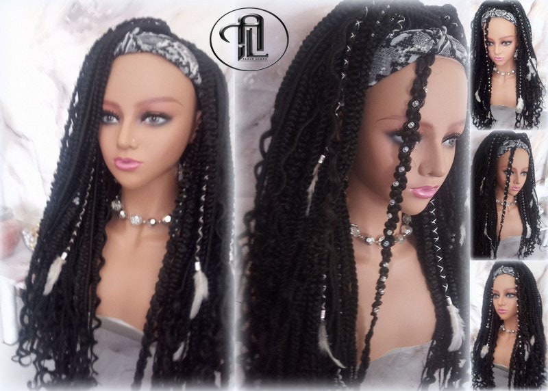 Black 1B Headband Wig Braids Dreads Mix Set Twist Soft Crochet Boho Dread Braid Set Bohemian extensions Goddess Faux Locs Partial Dreads Wig