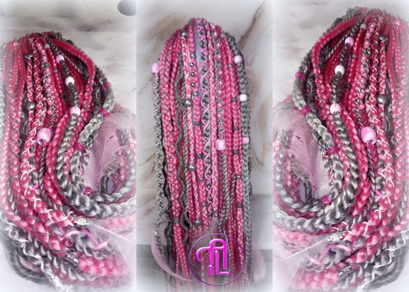 Pink Grey Silver Ponytail Hair Fall Extensions Elements Accents Feathers synthetic box braids hair scrunchie clip in Clip on Braids