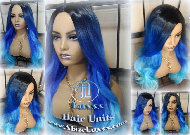 Blue Ombre Gradient Human Hair Wig Weave Extensions Mermaid long rainbow weave weft tracks bohemian Goddess
