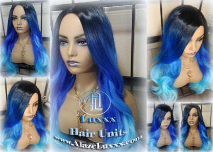 Blue Ombre Gradient Human Hair Wig Weave Extensions Mermaid long rainbow weave weft tracks bohemian Goddess