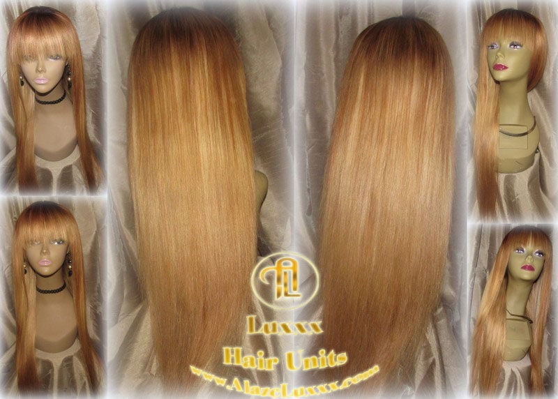 Chian Chinese Bang Wig Virgin Hair Honey Blonde Ombre Straight Hair Highlights Balayage Closure Blonde Wig 27 613 platinum dark roots