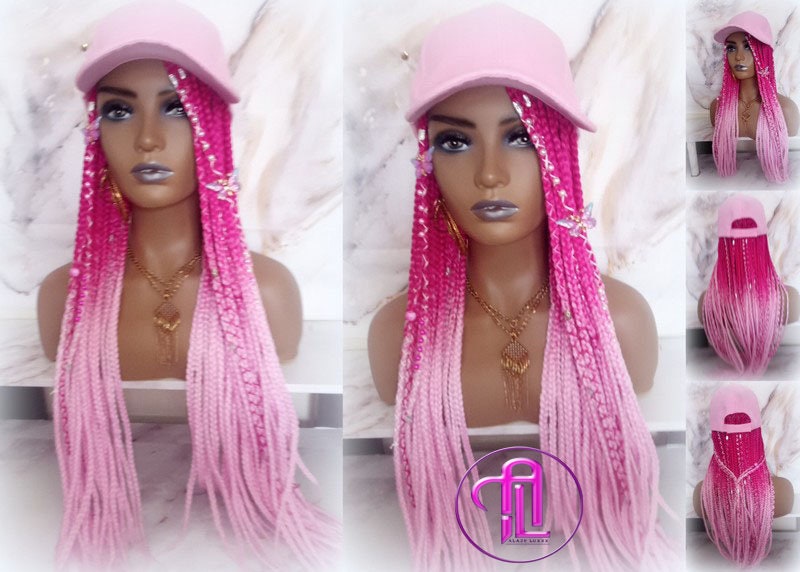 Hot Pink Light Pink Ombre Box Braid Hat Wig  Gym Hat Baseball Cap Braided Hair Hat Wig Cap Chemo Hat Alopecia Breast Cancer Awareness
