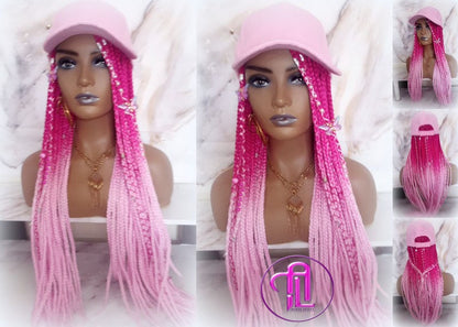 Hot Pink Light Pink Ombre Box Braid Hat Wig  Gym Hat Baseball Cap Braided Hair Hat Wig Cap Chemo Hat Alopecia Breast Cancer Awareness