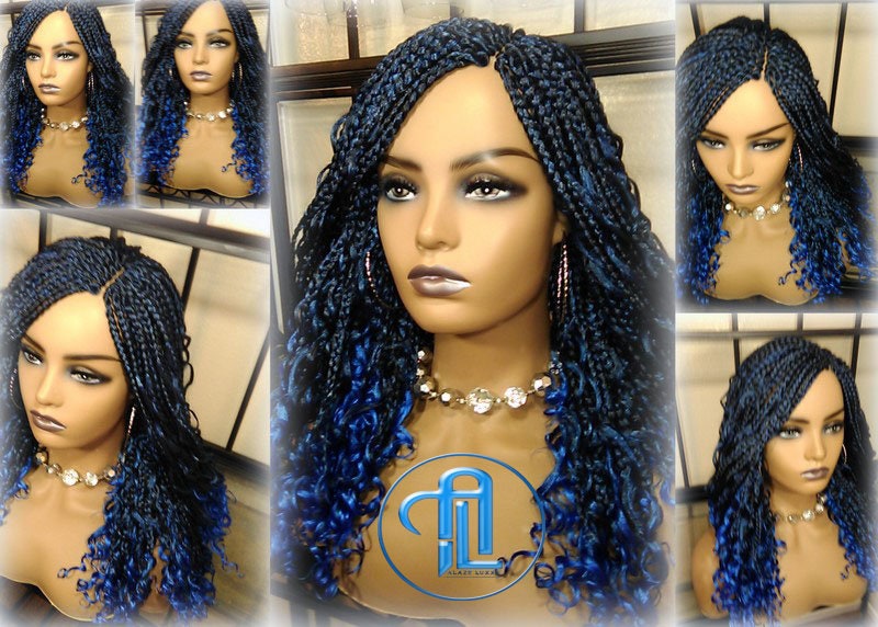 Blue Ombre Goddess Box Braids Mermaid curly long distressed bohemian braids Gradient Hair Short Curly 14/16in
