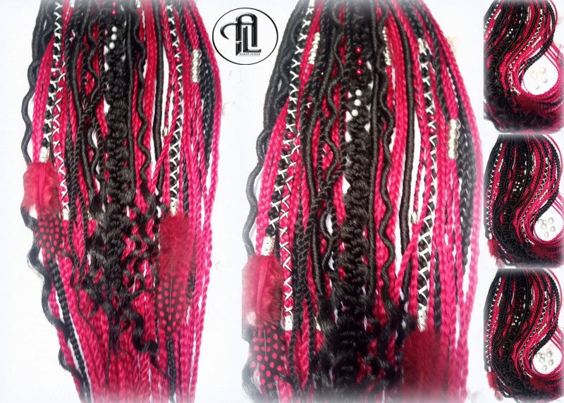 Red Rave Ponytail Hair Fall Viking Extensions Black Red Elements Accents Feathers synthetic box braids hair scrunchie Cosplay Anime