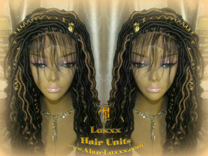 Faux Locs Synthetic Goddess LONG 4x4 Lace Closure w Baby Hairs Dread Wig Wavy Black Dreads Honey Blonde 27 Carnival Cosplay Rave Raver TREND