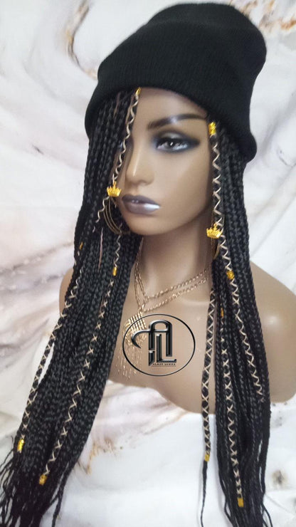 Beanie Hat Black Box Braid Boho Style Long Hat Beanie Braided Hat Winter fall fashion Cap Wig Hat Chemo Hat Alopecia Gold Accents Charms