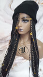 Beanie Hat Black Box Braid Boho Style Long Hat Beanie Braided Hat Winter fall fashion Cap Wig Hat Chemo Hat Alopecia Gold Accents Charms