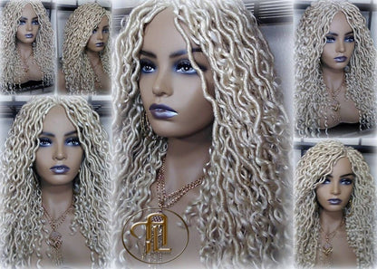 613 Blonde Goddess Faux Locs 14in Short Braid Wig Platinum White Blonde Marley Dred Lock Wig Gypsy Bohemian Boho Lace Part