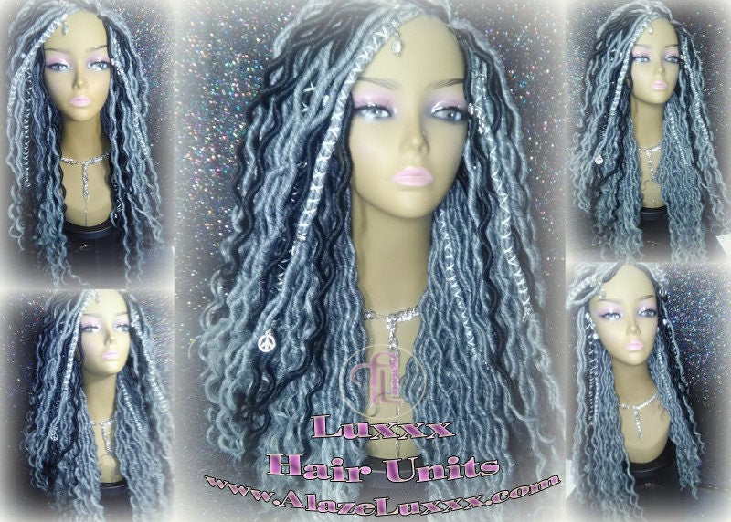 Silver Black 1B Grey Gray Black 44 51 Platinum 22-24' Long Wig Storm Gypsy Boho Faux Dread Loc Wig Unit Wavy Marley Dred Carnival Festival
