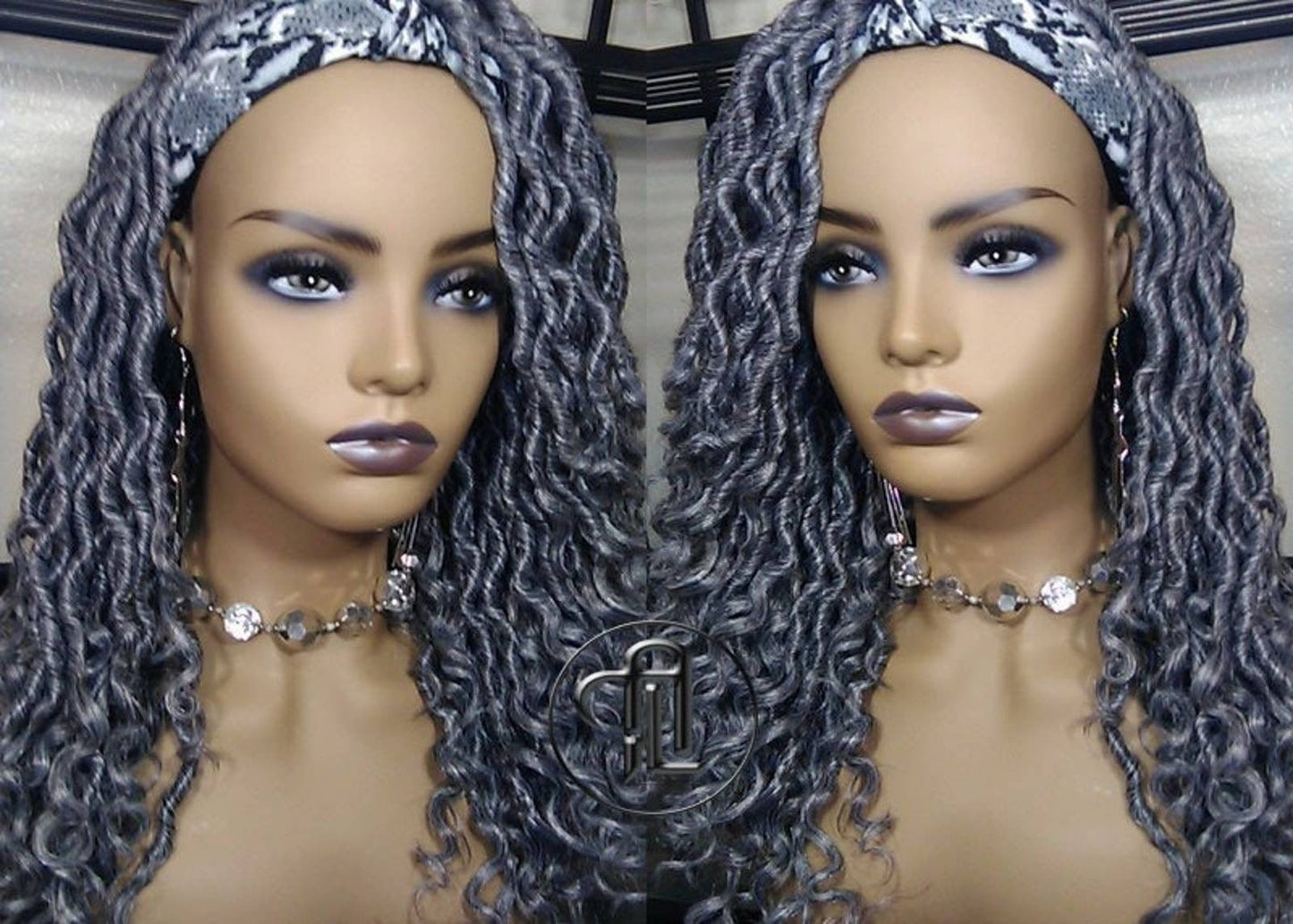 Headband Wig Short 14in Goddess Faux Dread Locs Salt N Pepper 44 51 Gypsy Boho Silver Grey Gray Platinum Storm Wig Unit Wavy READY TO SHIP