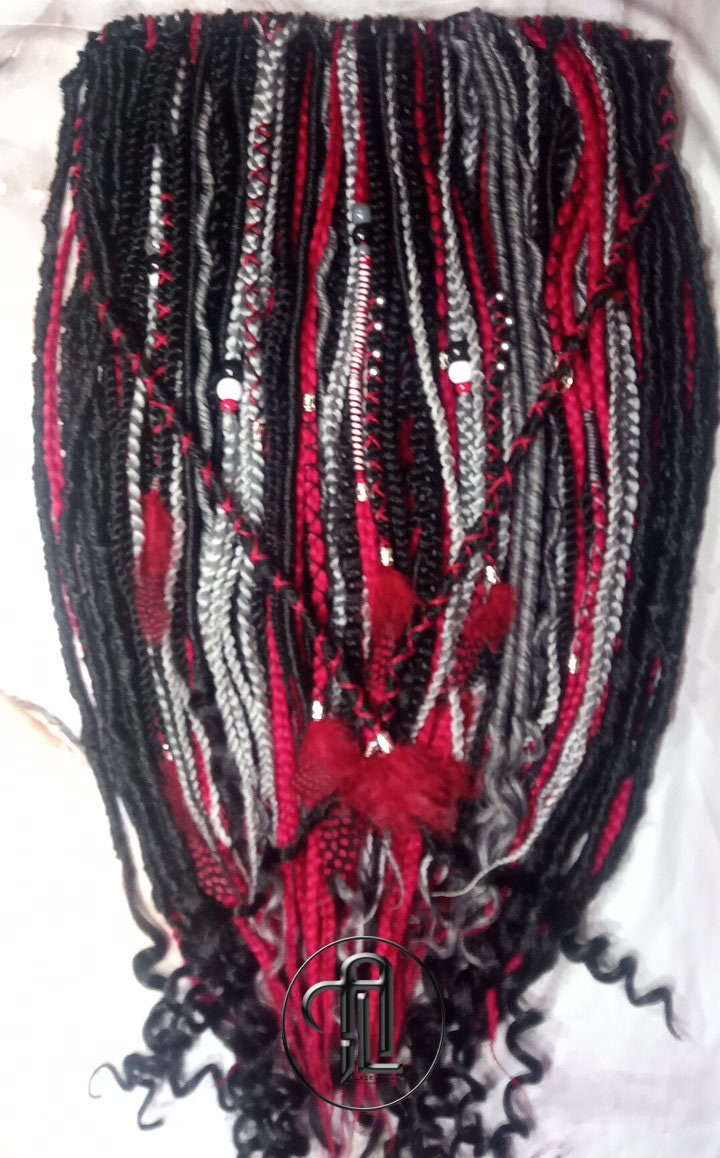Red Black Silver Single Ended SE Set Kit  Soft Crochet Boho Dread Braid Hair Wrap Extensions Textured EDC EDM Hair Outfit Single Loop Dread