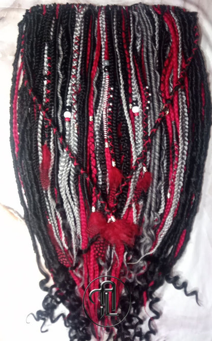 Red Black Silver Single Ended SE Set Kit  Soft Crochet Boho Dread Braid Hair Wrap Extensions Textured EDC EDM Hair Outfit Single Loop Dread