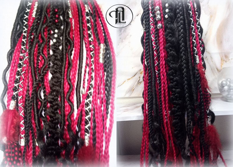 Ponytail Hair Fall Viking Extensions Black Red Elements Accents Feathers synthetic box braids renaissance hair scrunchie kawaii dreadlock