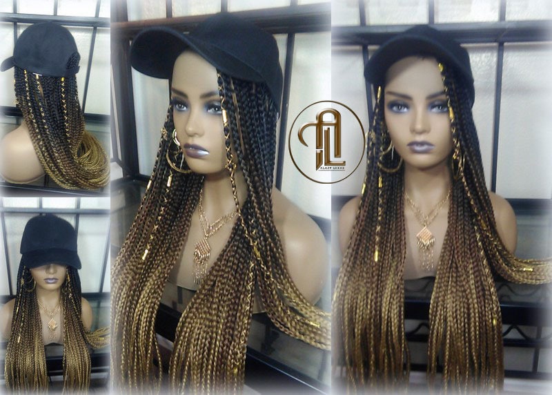 Brown Blonde Ombre Box Braid Hat Wig  Gym Hat Baseball Cap  Braided Hat Wig Women Hair Summer Winter Hat Hair Cap Wig Hat Chemo Hat Alopecia