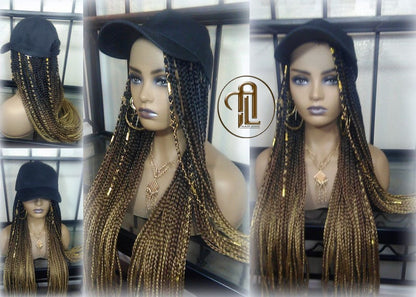 Brown Blonde Ombre Box Braid Hat Wig  Gym Hat Baseball Cap  Braided Hat Wig Women Hair Summer Winter Hat Hair Cap Wig Hat Chemo Hat Alopecia