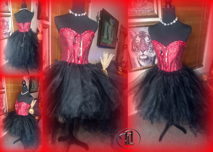 Red Dress Tulle Mesh Skirt Corset Outfit Red Black Hi Low Layered Skirt Prom Anniversary Sweet 16  Sexy Bodycon Costume Adult Birthday