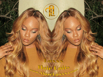 Honey Blonde Auburn 27/30 Dark Roots Ombre 22 In' Straight Long Custom Color Virgin Hair Unit Lace FrontWigs Kim Khloe Kardashian Wig Look