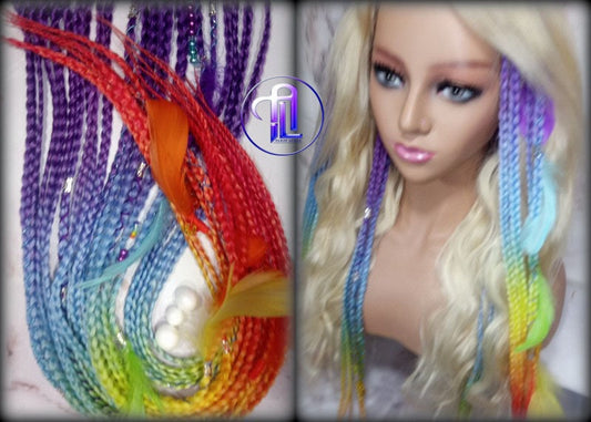 Rainbow Ombre Clip in Braid Long 24 in Boho Feathers Elements Extensions Rainbow Ombre Pink Box braiding Rave Festival LGBTQ Pride