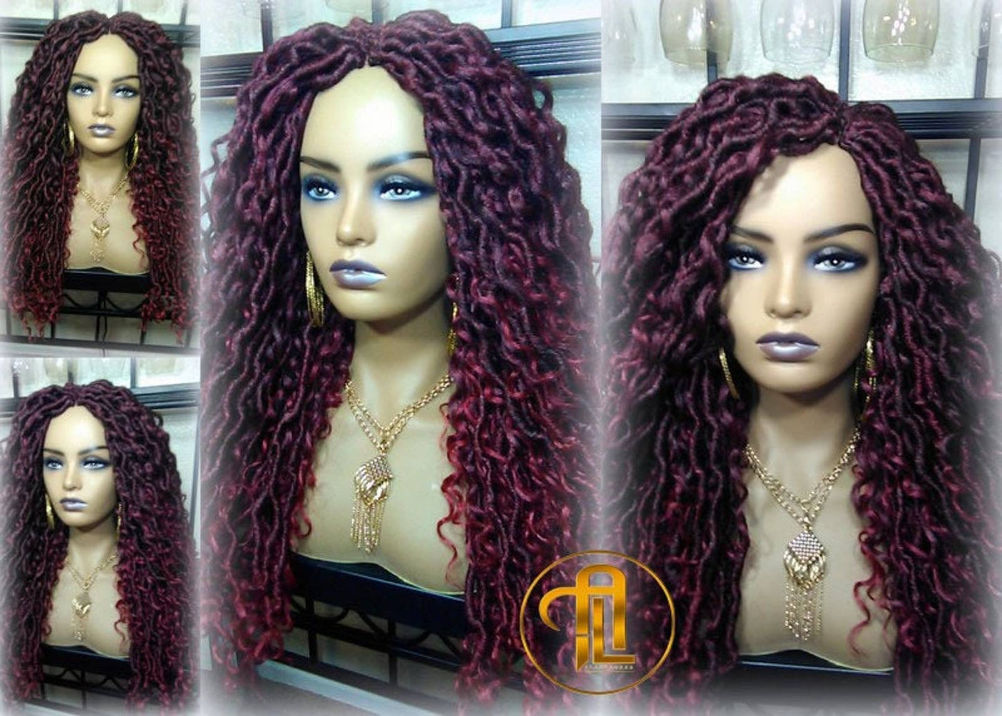 Red 530 Black Mix Goddess Faux Loc Curly Boho Braided Wig Gypsy Bohemian Boho Dread DE SE Dred Lock Hair wig Ready to ship